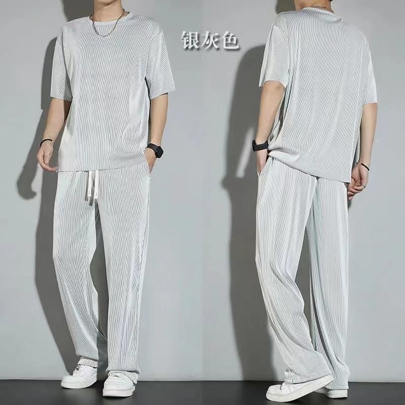 Ice Silk Sports Suit Mens Summer Thin 2023 New Casual Long Pants Short-Sleeved T-Shirt Quick-Drying Clothes Set Coffee color [set]  - Image 3