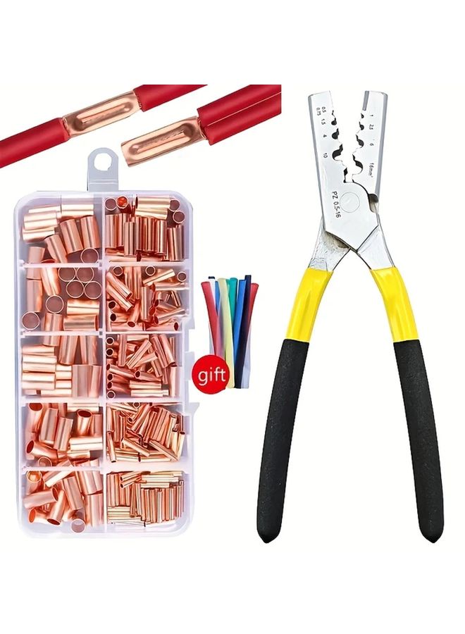 250 Pcs Copper Connecting Pipe Kit With Crimping Pliers For Wire Joints Cable Lugs - Image 1