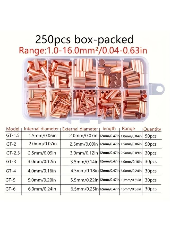 250 Pcs Copper Connecting Pipe Kit With Crimping Pliers For Wire Joints Cable Lugs - Image 2
