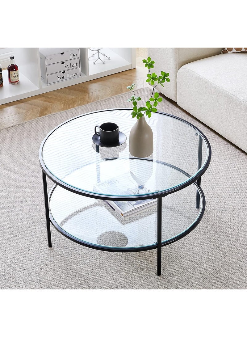 LINGWEI Round Coffee Table with Storage Shelf Black 90x50x90cm - Image 1