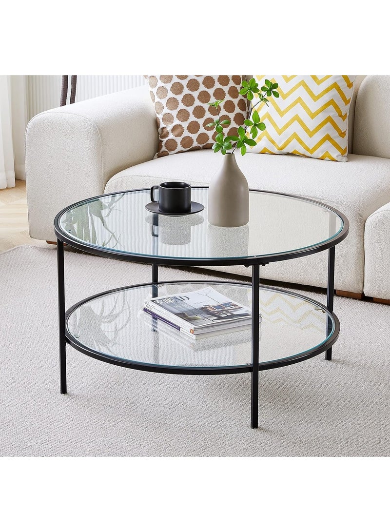 LINGWEI Round Coffee Table with Storage Shelf Black 90x50x90cm - Image 2