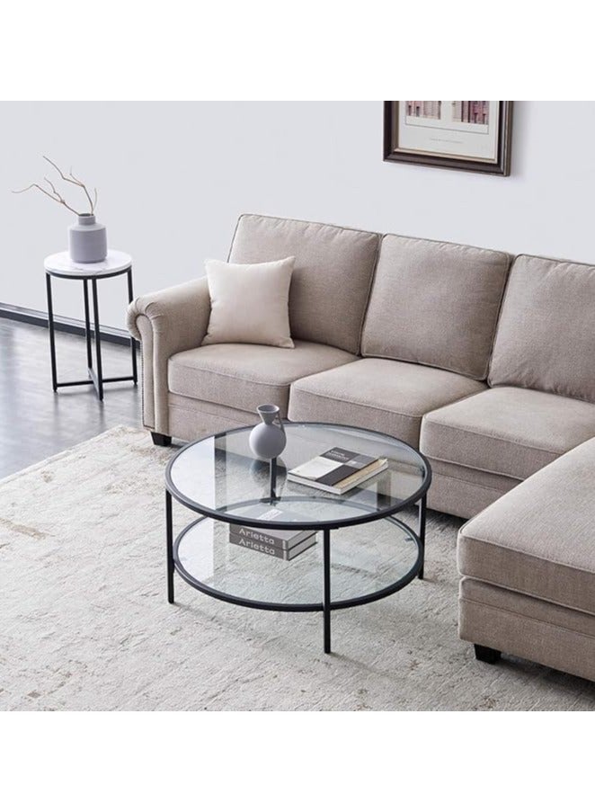 LINGWEI Round Coffee Table with Storage Shelf Black 90x50x90cm - Image 3