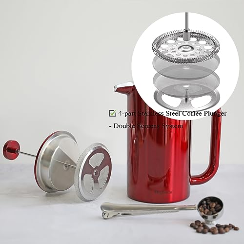 Highwin 8-Cup Double Wall Insulated Stainless Steel French Coffee Press, 32-Ounce Durable Coffee Tea Maker with Stainless Steel Plunger, Red - Image 3