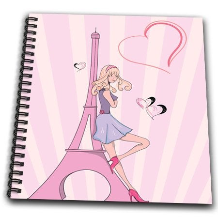 3dRose db_106888_1 Girly Pink Girl Eiffel Tower and Hearts Paris Love Vector Illustration-Drawing Book, 8 by 8-Inch - Image 2