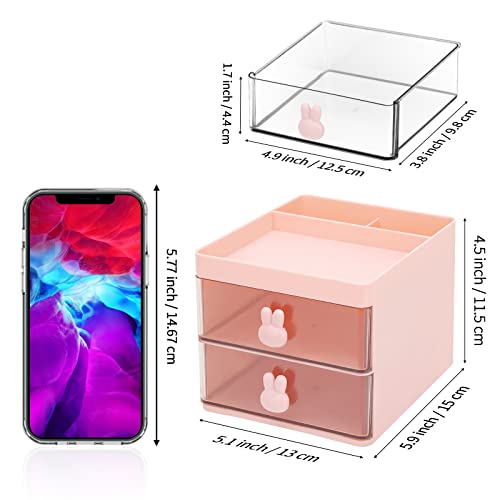 LETURE Small Desk Organizer With Drawer, Office Desktop Storage Box, Business Card/Pen/Pencil/Mobile Phone/Stationery Holder Storage Box, Makeup Organizer for Office School Home (Pink) - Image 2
