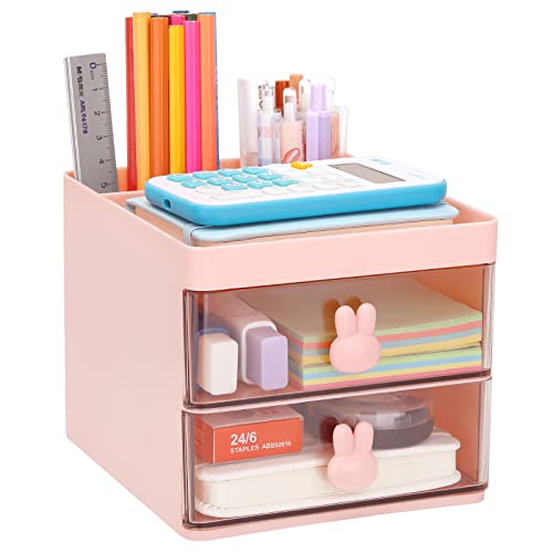 LETURE Small Desk Organizer With Drawer, Office Desktop Storage Box, Business Card/Pen/Pencil/Mobile Phone/Stationery Holder Storage Box, Makeup Organizer for Office School Home (Pink) - Image 1