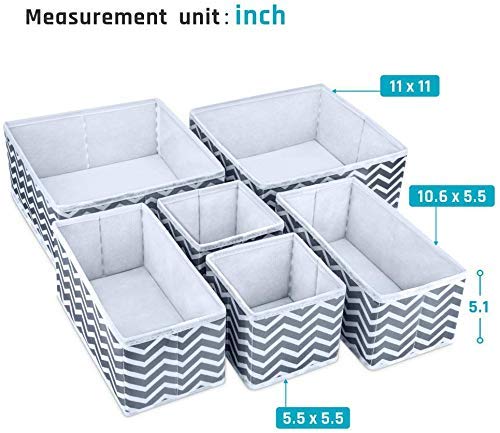 FowWelt Foldable Set of 6 Cloth Storage Box Closet Dresser Drawer Organizer Cube Basket Bins Containers Divider with Drawers for Underwear, Bras, Socks, Ties, Scarves (Set of 6 - White Grey Wave) - Image 3
