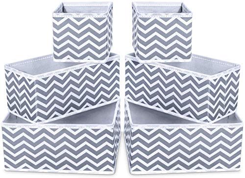 FowWelt Foldable Set of 6 Cloth Storage Box Closet Dresser Drawer Organizer Cube Basket Bins Containers Divider with Drawers for Underwear, Bras, Socks, Ties, Scarves (Set of 6 - White Grey Wave) - Image 1