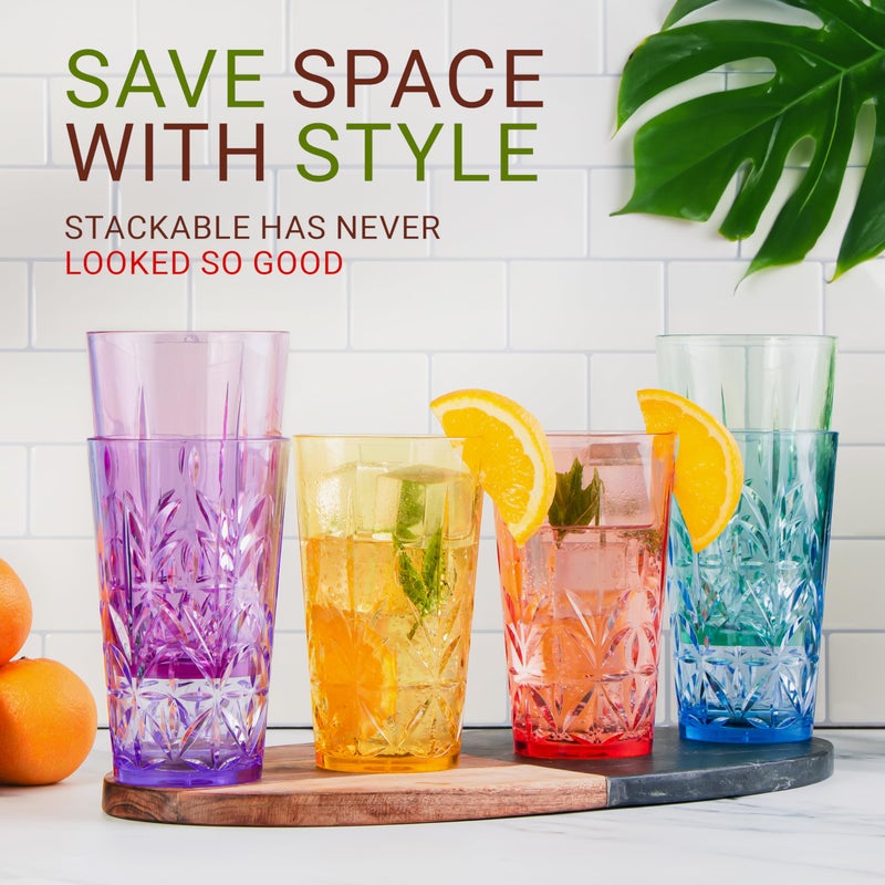 Bravario Royal Plastic Drinking Tumbler, Premium Quality Water Glasses, Dishwasher-Safe BPA-Free Durable Mixed Colors Assorted Stackable Cups, 18 oz Set of 6 - Image 3