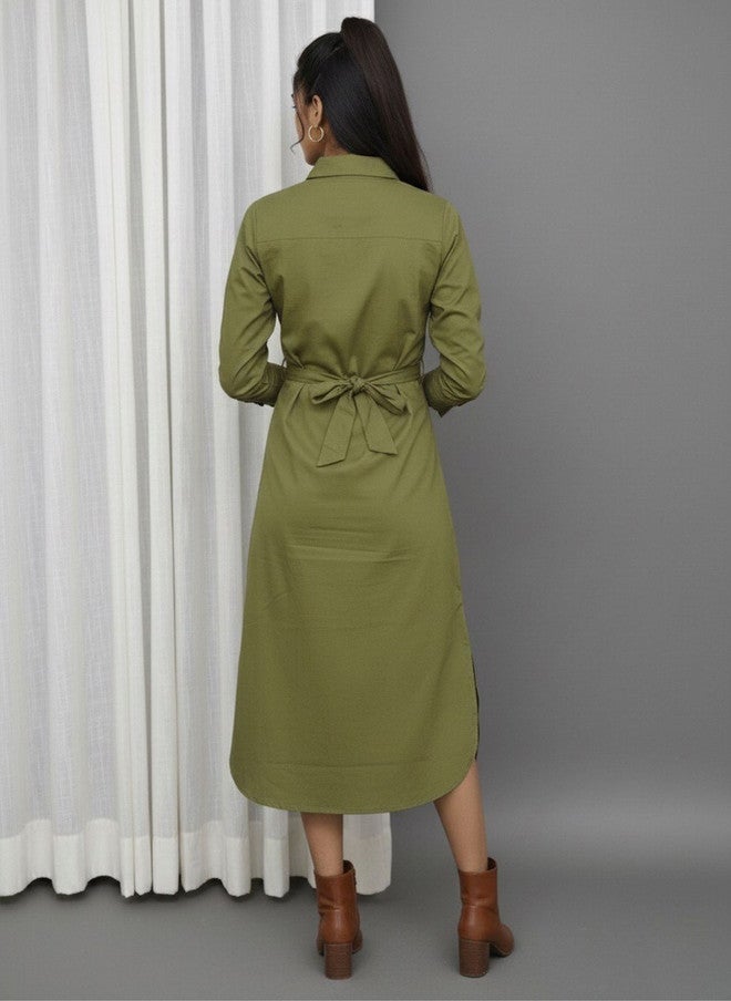 WineRed Olive Green Cuffed Sleeves Cotton Shirt Midi Dress - Image 4