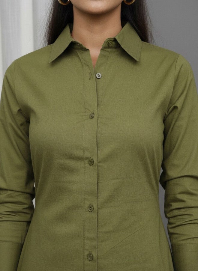 WineRed Olive Green Cuffed Sleeves Cotton Shirt Midi Dress - Image 2