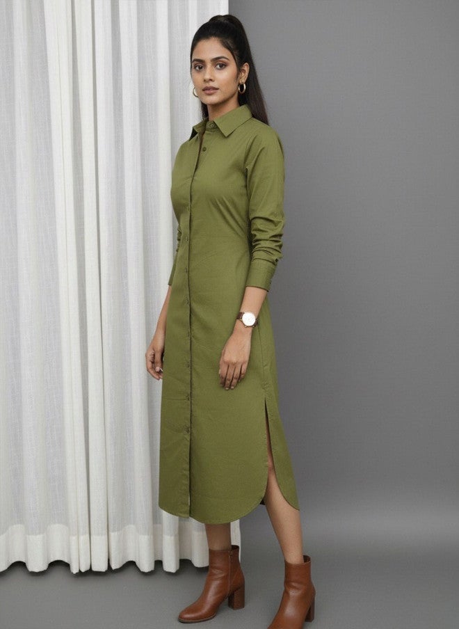 WineRed Olive Green Cuffed Sleeves Cotton Shirt Midi Dress - Image 3
