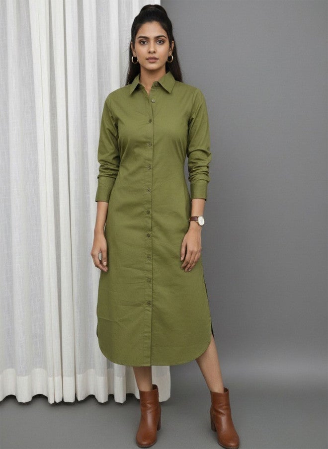 WineRed Olive Green Cuffed Sleeves Cotton Shirt Midi Dress - Image 1