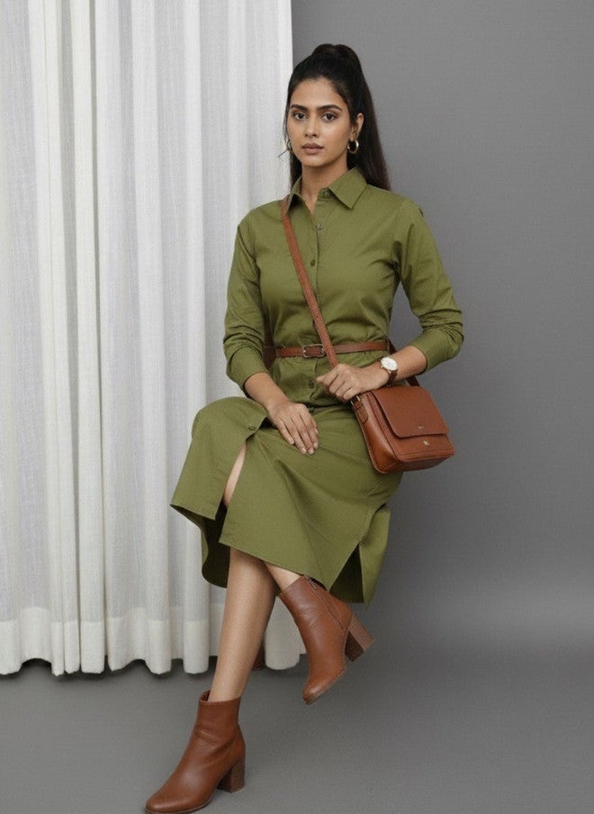 WineRed Olive Green Cuffed Sleeves Cotton Shirt Midi Dress - Image 5