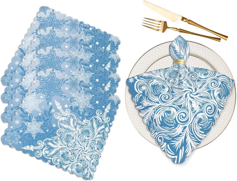 Yibeas Snowflake Christmas Cloth Napkins Set of 4 Soft Blue and White Snowflakes in Various Styles Polyester Dinner Square Napkin for Family Restaurant Weddings Parties 18 x 18 inch - Image 1