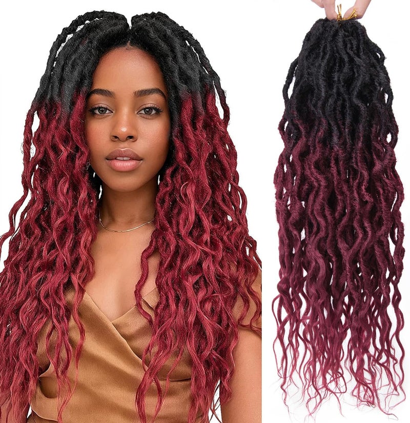 SuyiIRL Burgundy Faux Locs Crochet Hair For Black Women Soft Locs 24 Inch Goddess Crochet Hair Curly Ends Dreadlocks Boho Style Synthetic Braiding Hair Extensions (6 Packs 72 Strands,1b/BUG) - Image 1