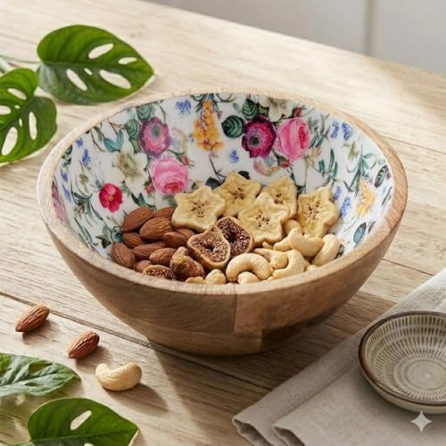 SAAGA Printed Mango Wood Mixing Bowl – 8x2.5 Inch Large Stylish Wooden Bowl for Salad, Fruits, Snacks, Curries & More - Red Violet - Image 1