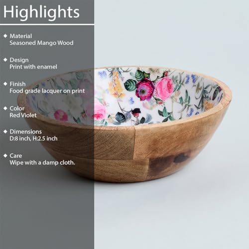 SAAGA Printed Mango Wood Mixing Bowl – 8x2.5 Inch Large Stylish Wooden Bowl for Salad, Fruits, Snacks, Curries & More - Red Violet - Image 3