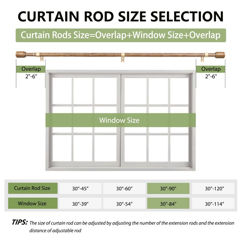 Edidonson 5/8â€ Diameter Curtain Rods 30-90 Inch, for 30-84 Inch Windows, Adjustable Splicing Wood Grain Curtain Rods for Windows with Brackets, Window Rod Long Small Curtains Rod, 1 Pack - Image 2