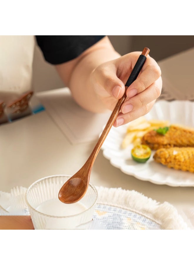 Japanese-style Household Small Wooden Spoon Honey Spoon Wooden Winding Spoon Long Handle Mixing Spoon Coffee Spoon Dessert Spoon Wooden Spoon-Specifications:Black Thread Lotus Wood Mixing Spoon  - Image 3