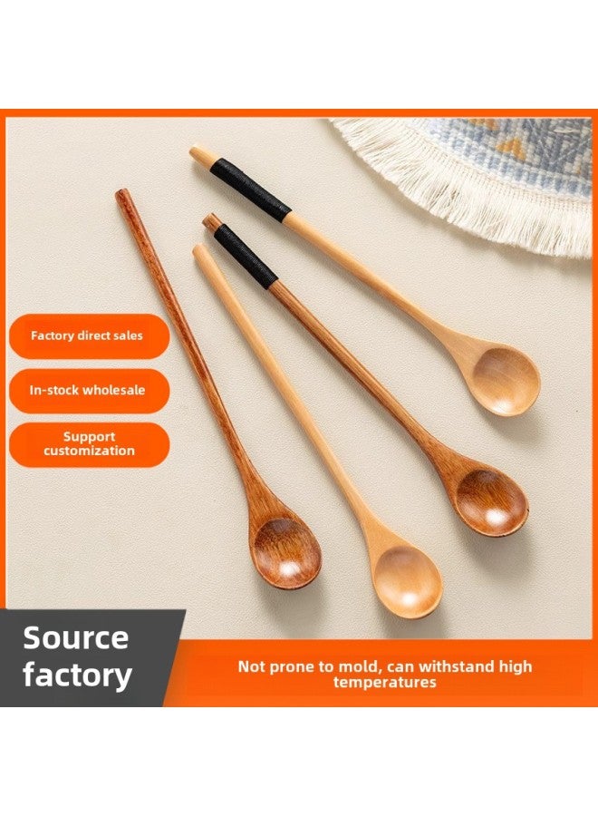 Japanese-style Household Small Wooden Spoon Honey Spoon Wooden Winding Spoon Long Handle Mixing Spoon Coffee Spoon Dessert Spoon Wooden Spoon-Specifications:Black Thread Lotus Wood Mixing Spoon  - Image 2