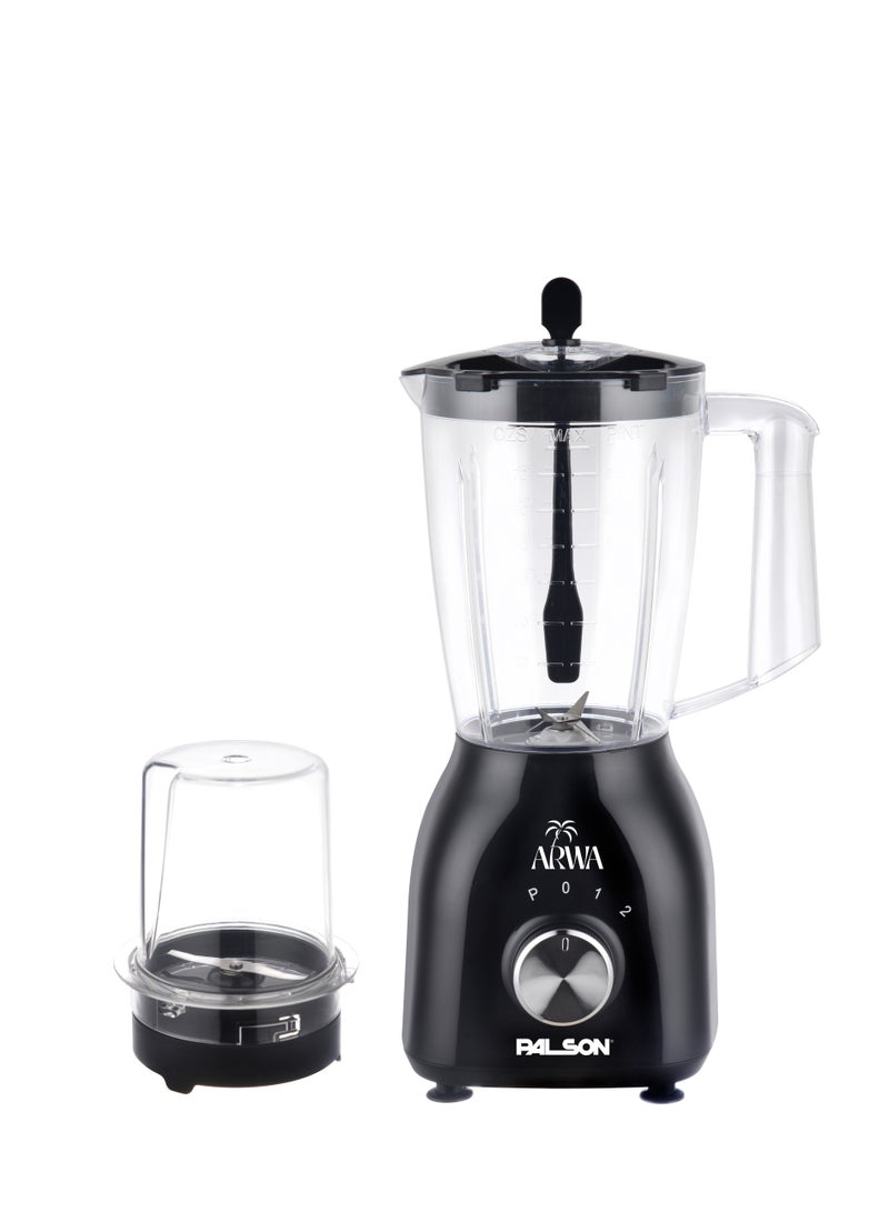 PALSON TABLE BLENDER WITH GRINDER 2IN1 ARWA, PLASTIC MATERIAL BIG JAR AND GRINDER, 2 SPEEDS WITH PULS, 4-TYPE SHARP BLADE, NON-SLIP RUBBER ON BOTTOM, SAFETY LOCK 400W, 220V 