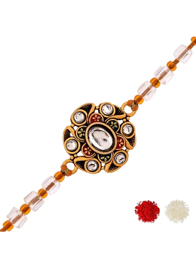 VOYLLA Traditional Motif Beaded Faux Kundan Thread Rakhi