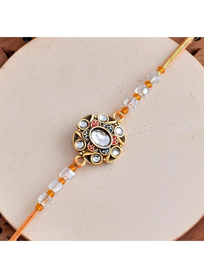 VOYLLA Traditional Motif Beaded Faux Kundan Thread Rakhi