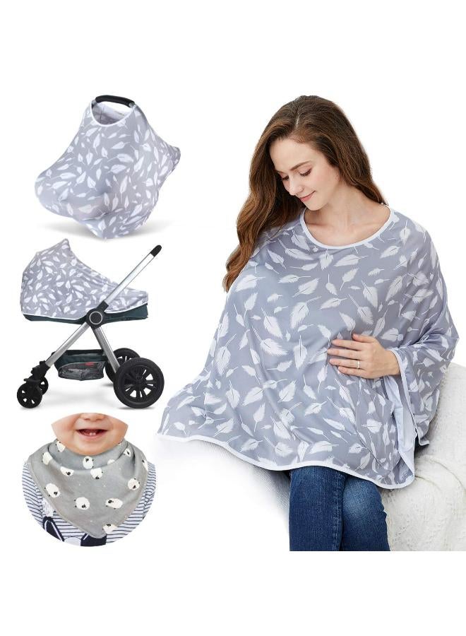 Moro Moro Baby Nursing Cover & Nursing Poncho - Multi Use Cover for Baby Car Seat Canopy, Shopping Cart Cover, Stroller Cover, 360° Full Privacy Breastfeeding Coverage, Baby Shower Gifts for Boy&Girl Grey Feathers - Image 1