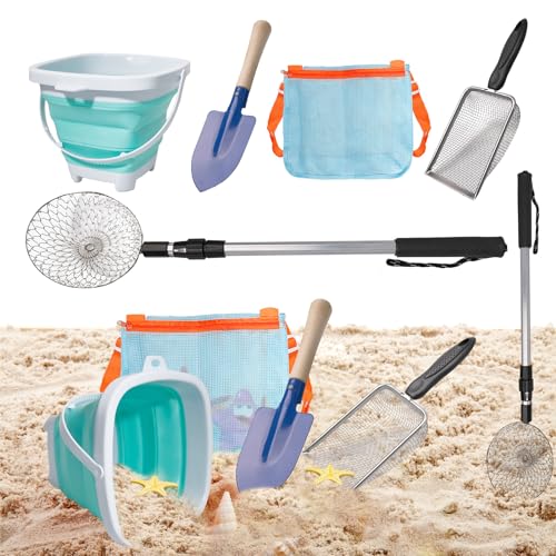 Olutacot 10 Pack Beach Toys Set Adjustable Extra Long Sand Sifter Mesh Shovel Mesh Beach Bag for Kids Foldable Beach Bucket Beach Shovel Sand Toys for Shells Collecting Shark Tooth Beach Toys - Image 1