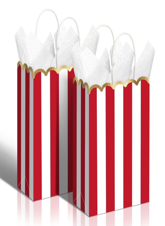 LemonSecret 24 Pcs Red and White Striped Gift Bags with Handles Gold Scalloped Edge Candy Goodie Treat Bags for Carnival Party Favors Circus Themed Birthday Party Supplies, 8.27 x 6.3 x 3.15 Inch - Image 1
