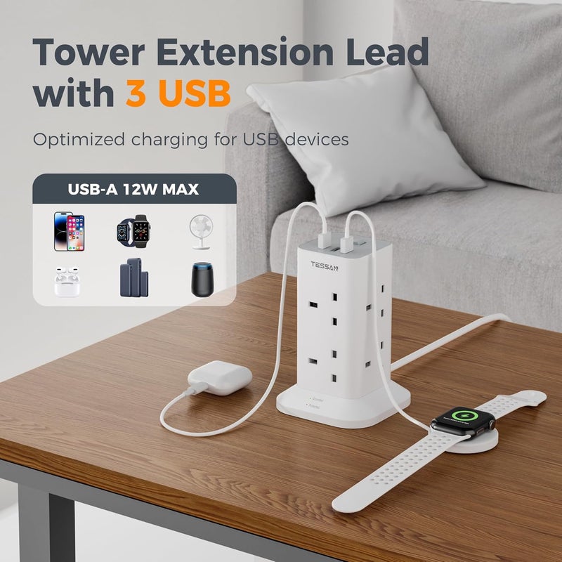 تيسان قابس تمديد برج TESSAN مع 3 منافذ USB، برج تمديد متعدد المقابس 8 طرق، سلك تمديد مع حماية من زيادة التيار ومفتاح، شريط طاقة برج مقبس مع كابل 2 متر للمنزل والمستلزمات المدرسية - Image 5