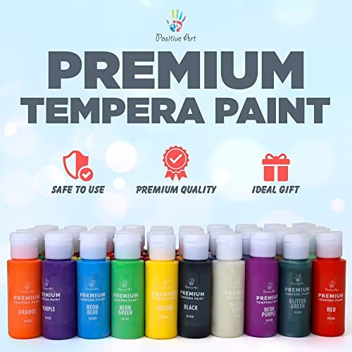 Positive Art Kids Tempera Paint Set | Value Pack Includes 40 Washable Non-Toxic Colorful Paints (2oz bottles) & 15 Brushes | Metallic, Neon, Glow In The Dark, Glitter Paints | Paint For Arts & Crafts, Fun Projects - Image 3