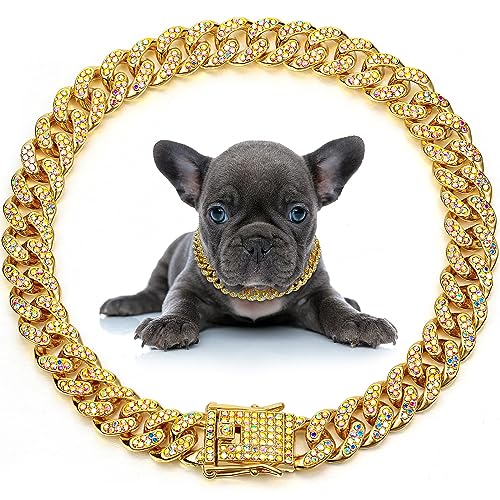 LEIFIDE Dog Chain Collar Diamond Link Puppy Collar 12 mm Wide Dog Necklace Metal Cat Chain Pet Crystal Necklace Jewelry Accessories for Small Medium Large Pet(8 Inch,Gold, AB Color) - Image 1