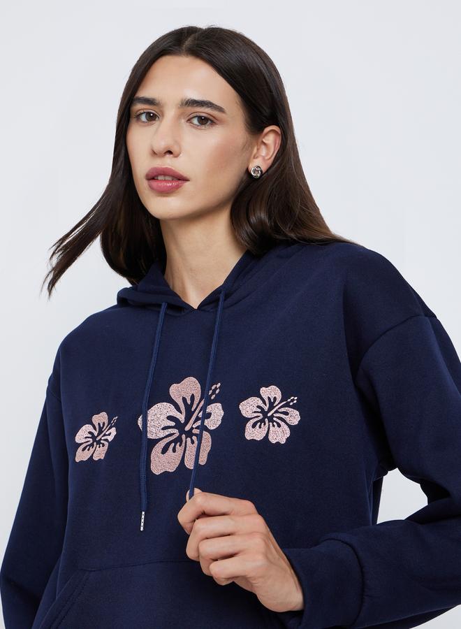 Styli Navy Blue Oversized Floral Embroidered Hoodie - Image 1