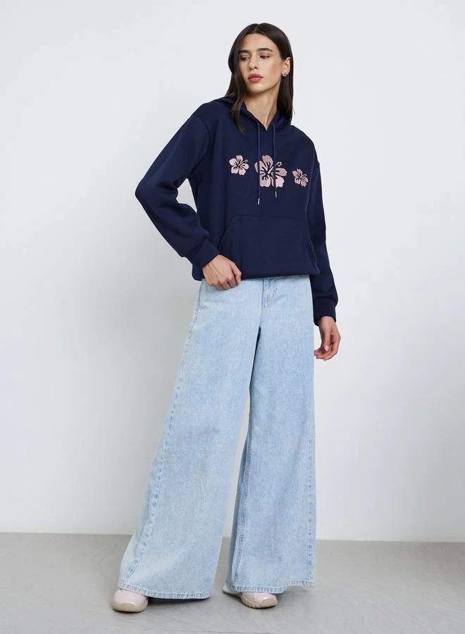 Styli Styli Navy Blue Oversized Floral Embroidered Hoodie