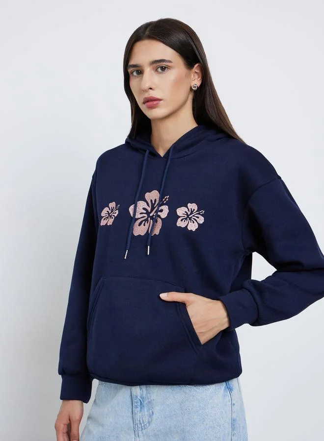Styli Styli Navy Blue Oversized Floral Embroidered Hoodie