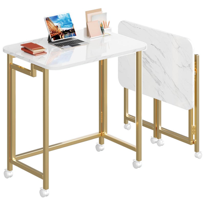 4NM 23.6" Mobile Small Rolling Computer Desk, Folding Laptop Cart Table with Wheels, Portable Office Desk for Small Space Couch Bed - White and Golden - Image 1