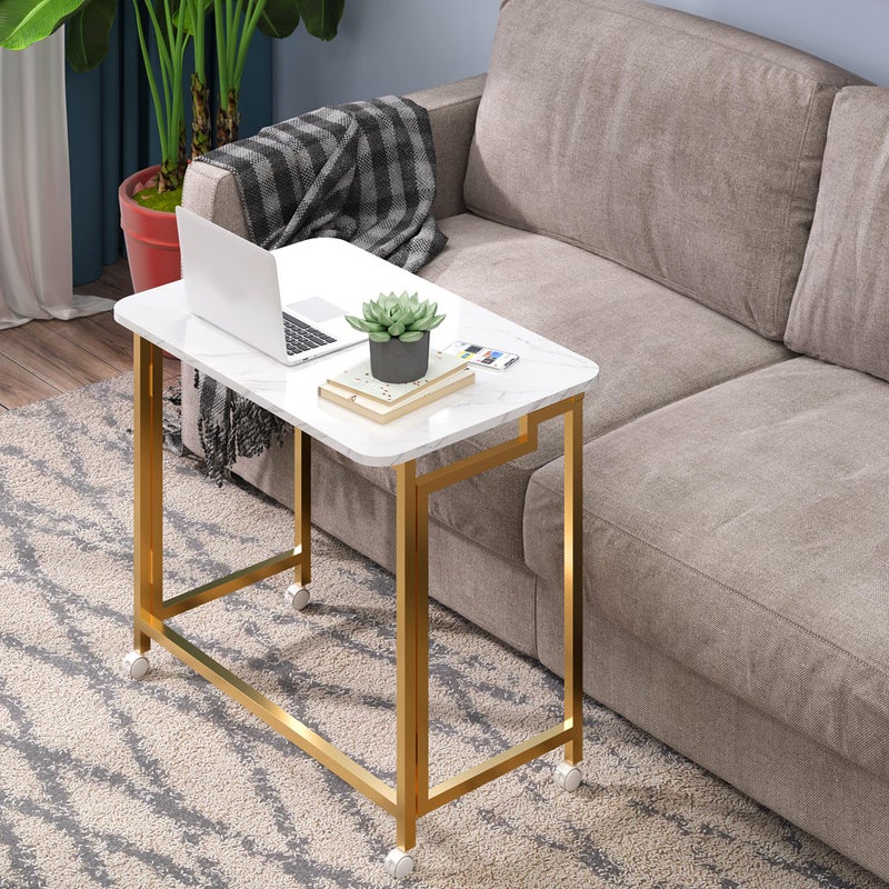 4NM 23.6" Mobile Small Rolling Computer Desk, Folding Laptop Cart Table with Wheels, Portable Office Desk for Small Space Couch Bed - White and Golden - Image 4
