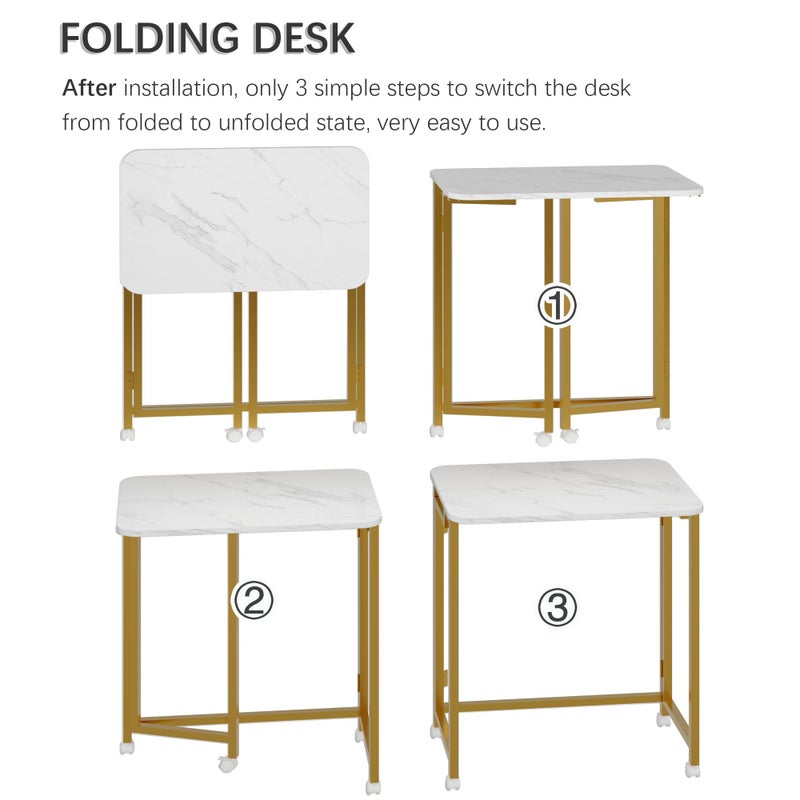 4NM 23.6" Mobile Small Rolling Computer Desk, Folding Laptop Cart Table with Wheels, Portable Office Desk for Small Space Couch Bed - White and Golden - Image 5