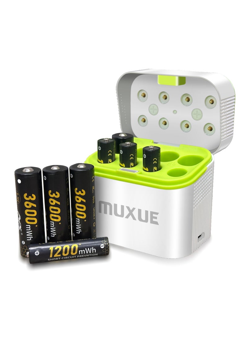 موكس 4 بطاريات ليثيوم قابلة لإعادة الشحن من نوع AAA و4 بطاريات AA مع شاحن، عبوة من 8 بطاريات 1.5 فولت Triple A Double A قابلة لإعادة الشحن وبطارية ليثيوم طويلة الأمد مع صندوق تخزين شحن مدمج (4AAA+4AA) - Image 1