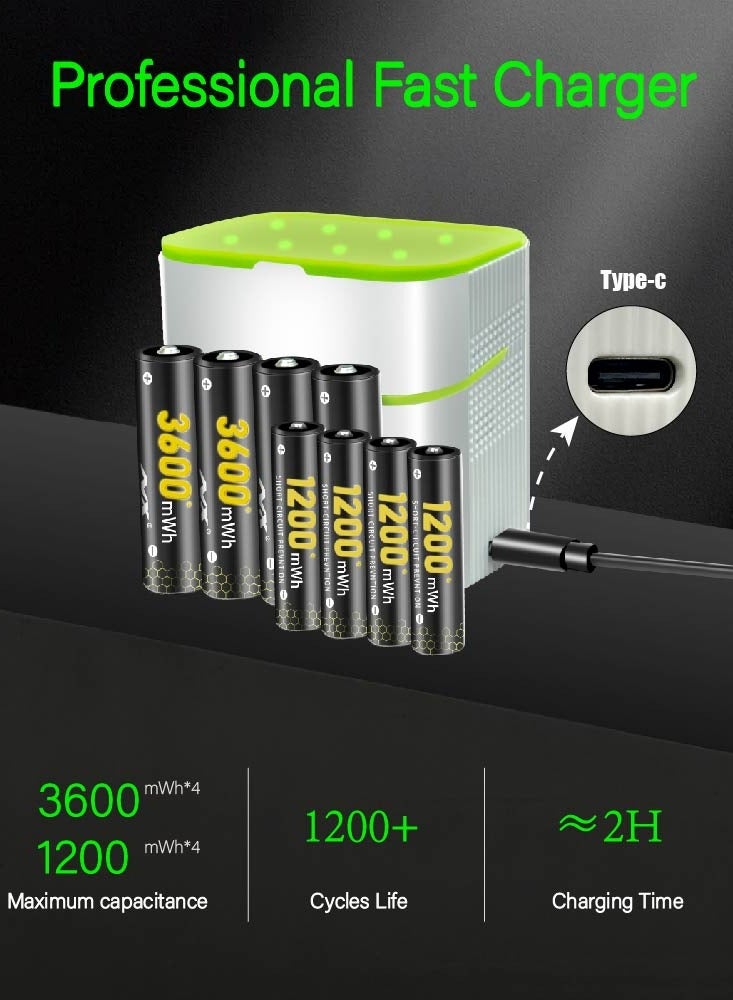 موكس 4 بطاريات ليثيوم قابلة لإعادة الشحن من نوع AAA و4 بطاريات AA مع شاحن، عبوة من 8 بطاريات 1.5 فولت Triple A Double A قابلة لإعادة الشحن وبطارية ليثيوم طويلة الأمد مع صندوق تخزين شحن مدمج (4AAA+4AA) - Image 3