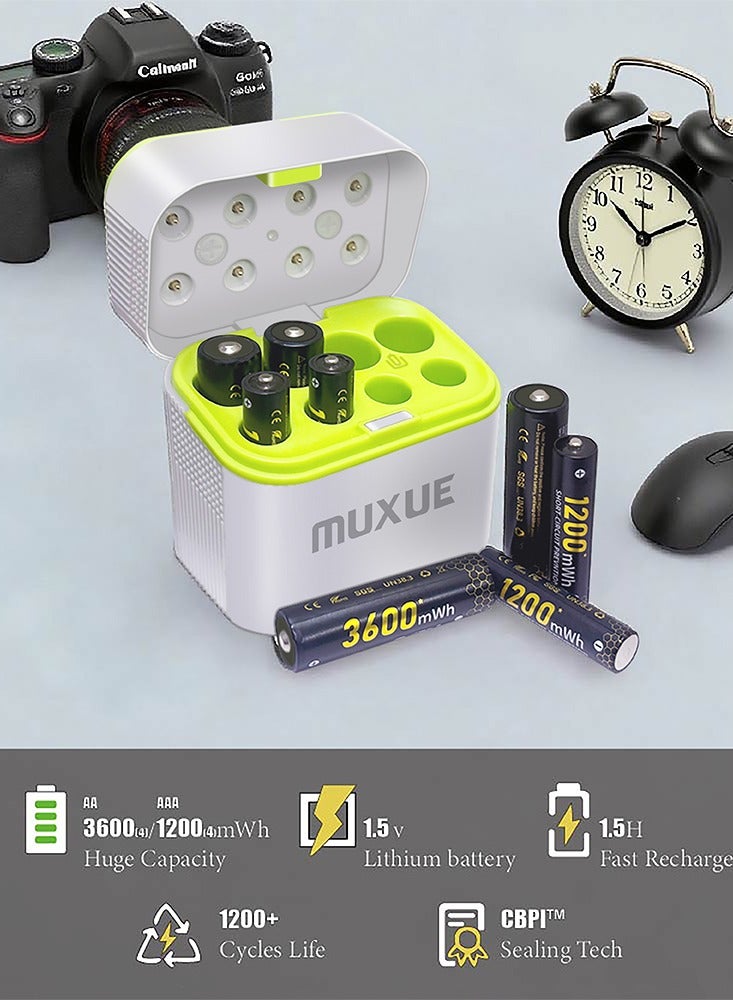 موكس 4 بطاريات ليثيوم قابلة لإعادة الشحن من نوع AAA و4 بطاريات AA مع شاحن، عبوة من 8 بطاريات 1.5 فولت Triple A Double A قابلة لإعادة الشحن وبطارية ليثيوم طويلة الأمد مع صندوق تخزين شحن مدمج (4AAA+4AA) - Image 2