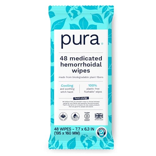 Pura Flushable Hemorrhoid Wipes XL, 48 Count, Medicated with Cooling Witch Hazel, Aloe & Coconut Oil, Fast Relief, Fragrance-Free, 100% Plastic-Free - Image 1