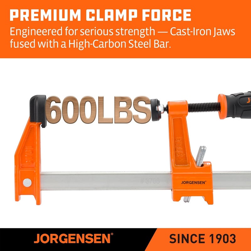 JORGENSEN 4-pack Steel Bar Clamps Set, 6-inch & 12-inch Medium Duty, 600 Lbs Load Limit - Image 3