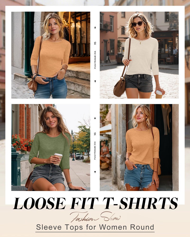 Ficerd 3 Pack 3/4 Sleeve Tops for Women Round Neck Dressy Basics Tees Casual Trendy Loose Fit T Shirts(Light Orange, Dark Green, Cream,Large) - Image 4