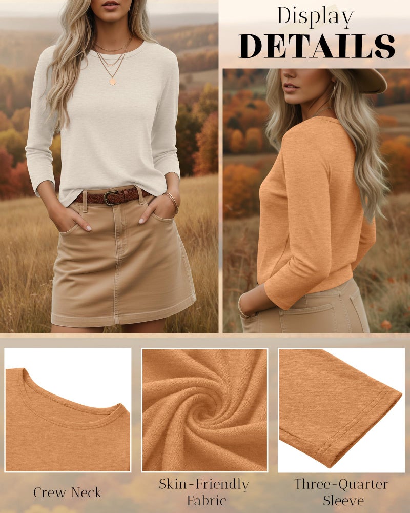 Ficerd 3 Pack 3/4 Sleeve Tops for Women Round Neck Dressy Basics Tees Casual Trendy Loose Fit T Shirts(Light Orange, Dark Green, Cream,Large) - Image 5