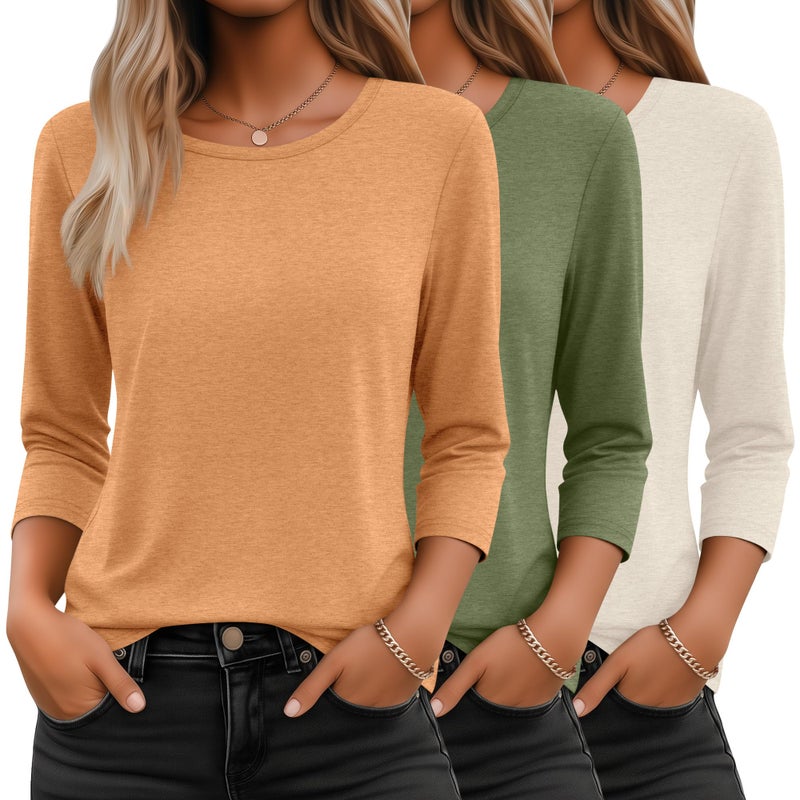 Ficerd 3 Pack 3/4 Sleeve Tops for Women Round Neck Dressy Basics Tees Casual Trendy Loose Fit T Shirts(Light Orange, Dark Green, Cream,Large) - Image 1