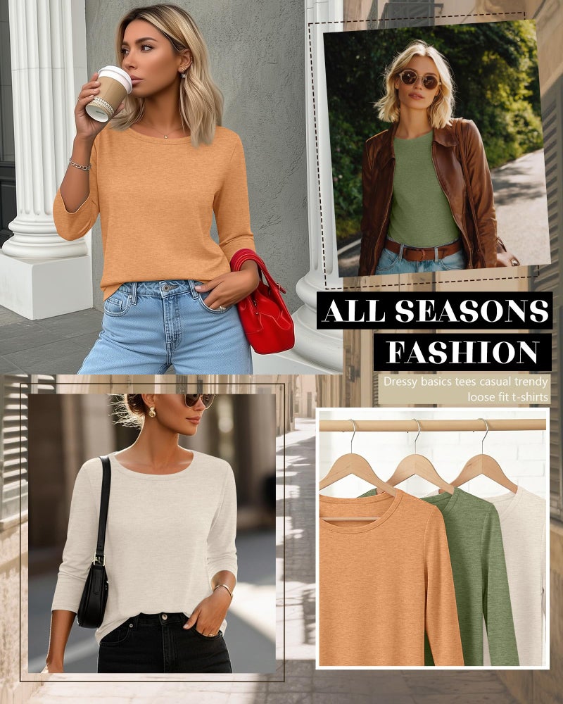Ficerd 3 Pack 3/4 Sleeve Tops for Women Round Neck Dressy Basics Tees Casual Trendy Loose Fit T Shirts(Light Orange, Dark Green, Cream,Large) - Image 3