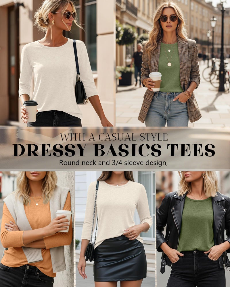 Ficerd 3 Pack 3/4 Sleeve Tops for Women Round Neck Dressy Basics Tees Casual Trendy Loose Fit T Shirts(Light Orange, Dark Green, Cream,Large) - Image 2
